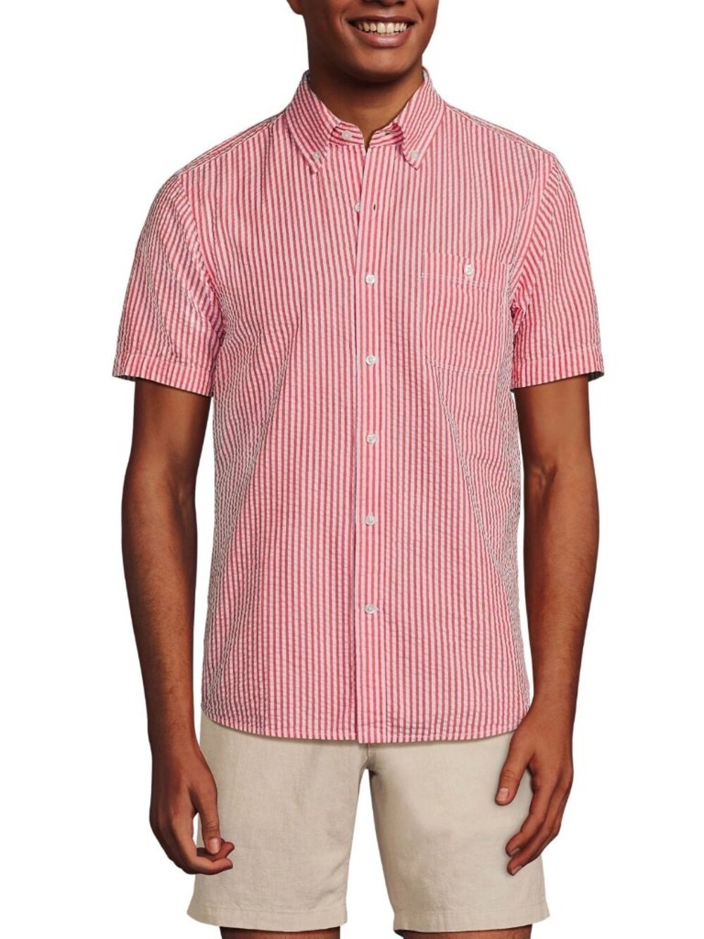 Lands End Mens XXL Pink White Striped Seersucker Classic Short Sleeve Cotton Top